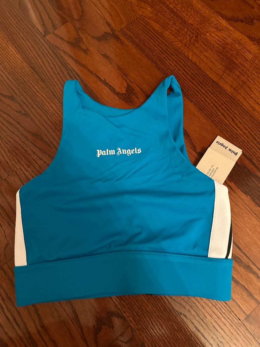 Palm Angels blue sports bra with white side panels and black trim, size XS #acti